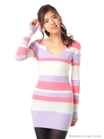 配色ボーダーV開きミニワンピ/ピンク