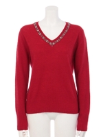 ・1104Vネックビジューニットプルオーバー/Bordeaux