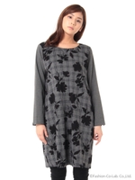 チェックジャガードフラワープリントワンピ/グレー