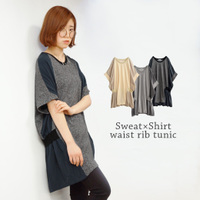 スウェット×シャツ切替ウエストリブワンピース 