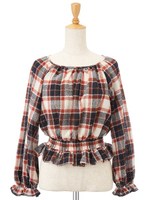 チェックガーゼギャザーブラウス/グリーン