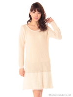 裾フェザー切替ニットワンピ/ベージュ