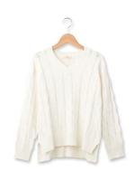 縄編みVネックニット/ホワイト系(002)