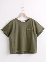 ポケットZIP付袖ロールアップカットソー/カーキグリーン