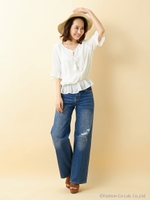 シフォン楊柳/7分袖スモック/ピンクベージュ