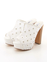 【R&E】ウッド×クリア太ヒールレースサボサンダル/ホワイト