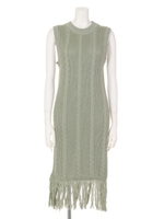 裾フリンジノースリケーブル柄ニットワンピース/グレージュ