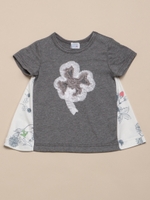 ラインフラワープリントAライン半袖Tシャツ/ライトグレ-