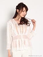 コットンチュール×トーションレース7分袖ブラウス/オフホワイト