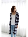 【AZUL by moussy】マルチボーダーリブマキシ長袖カーデ/柄NVY