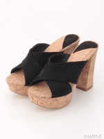 【R&E】コルクチャンキーヒールワイドクロスストラップミュール/ホワイト