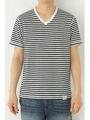 【AZUL by moussy】オーガニックコットンボーダーVネック半袖T/柄WHT