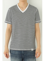 【AZUL by moussy】オーガニックコットンボーダーVネック半袖T/柄WHT