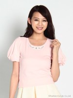 ボリュームスリーブビジュー調付きカットソー/ブルー