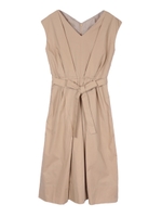 ウエストリボンフレアワンピース/ベージュ