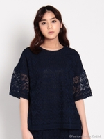 ボーダー/無地 トーションレースブラウス/ネイビー