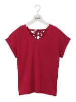 後ろ編み上げポケットTシャツ/レッド