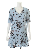 フラワープリントＶネックフレアワンピース/サックスブルー