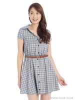 ベルト付きチェックシャツワンピース/ブルー