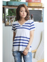 【AZUL by moussy】R/PE パターンMIX Vネック 半袖プルオーバー/柄BLK