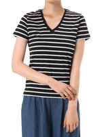 【AZUL by moussy】TC天竺BC切替スリットVネック半袖プルオーバー/柄WHT