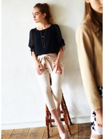 秋カラーリボンタックロングパンツ/ベージュ