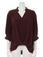 裾タックVネックシャツブラウス/ブラウン