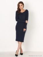 レースアップタイトニットミディワンピース/BLK