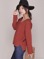 Couture-line(クチュールライン)片畦FVネックニットプルオーバー/レンガ