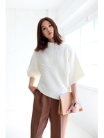 【AZUL by moussy】タック編みアシンメトリー7分プルオーバー/BEG