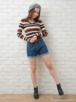 マルチボーダーVネックリブニット長袖/クロ/A