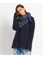 ケーブルパッチワークニット/ブルー系(094)