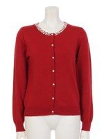 アクリルウール12G衿ぐりビジューカーディガン/レッド