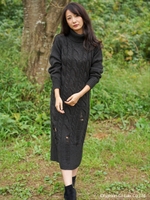 ケーブル編み針抜きニット・オフタートルロングワンピース/アイボリー