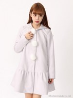 ファーポンポンローウエスト切り替えフードコート/ブルー