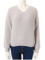 Vネックドロップショルダーあぜ編みニット/グレー