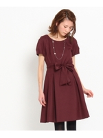 リボンベルト付フレアーワンピース/ブルー(092)