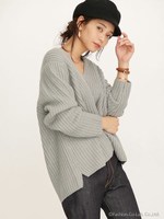 Vネック両畦ニットプルオーバー/トップグレー