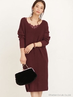 レースキャミ付畦Vネックワンピース/ベージュ