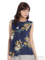 リリープリント+天竺ノースリーブブラウス/ネイビー