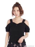 オフショルフリルプチリボントップス/ブラック