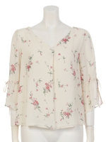 プリントフレア袖ブラウス/ホワイト