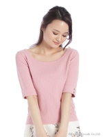 5分袖サイドレースリブニット/ピンク
