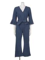 【LATINA】フレアスリーブカシュクールデニムオールインワン/BL