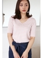 総針Ｖネック５分袖/ピンク×オフ1(091)