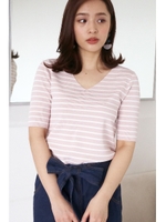 総針Ｖネック５分袖/ピンク×オフ1(091)