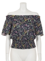 シャーリングオフショルブラウス(花柄)/ネイビー