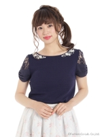 リボン袖キラキラ装飾カット/シロ