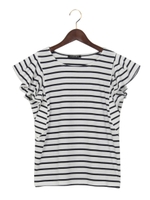 ボーダー袖タックフリルプルオーバー/オフホワイト/クロ