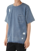 【AZUL by moussy】ドビーデニムダメージクル-ネック半袖BIGT/BLU